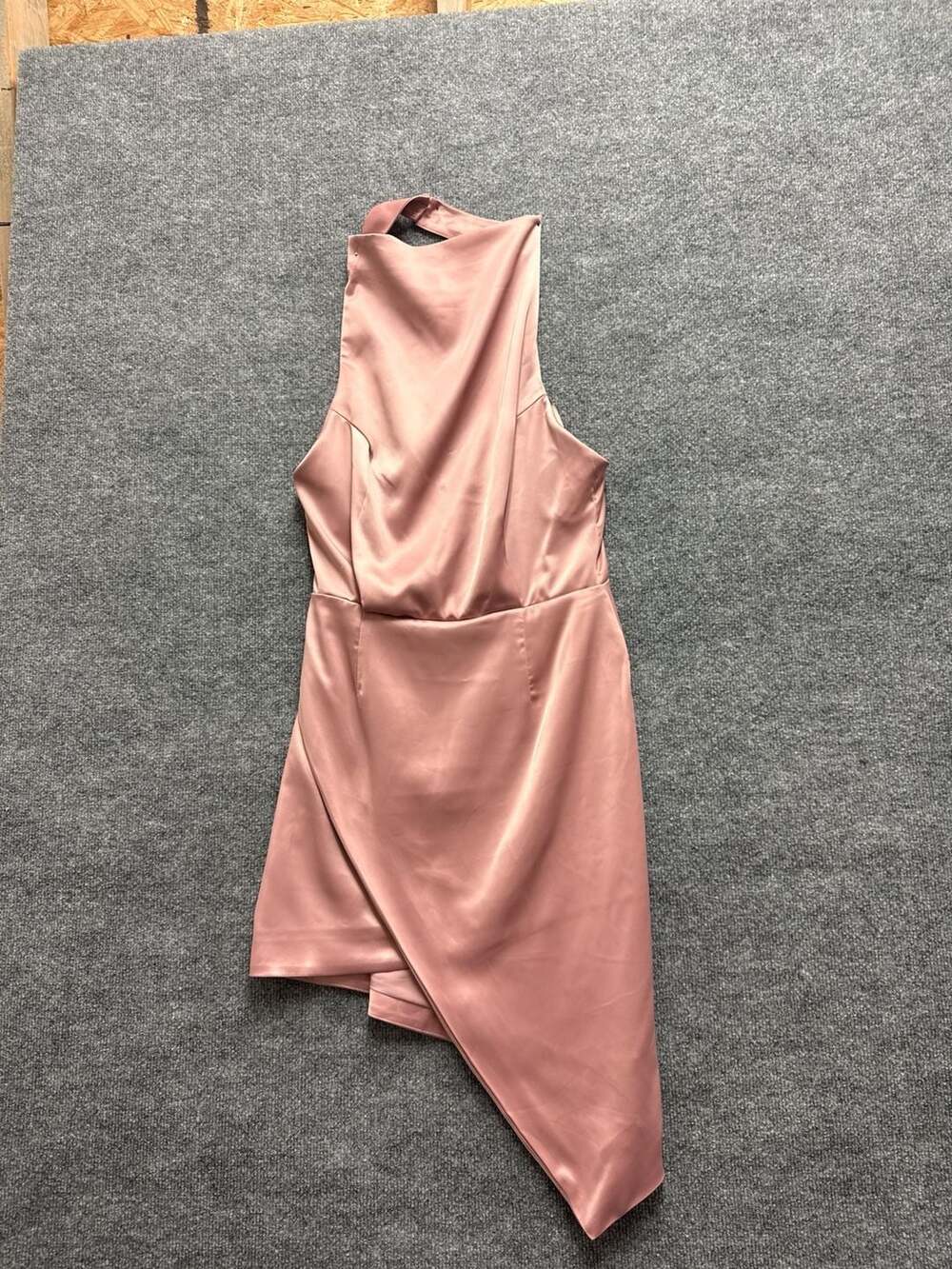Bonheur D'Amour Pink Satin Halter Neck Asymmetrical Drape Mini Dress